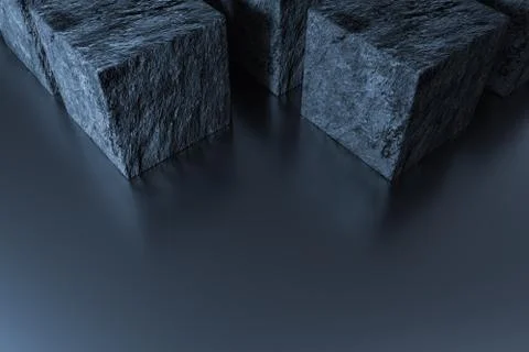 Dark cubes randomly distributed in the air, 3d rendering. Ilustração Stock