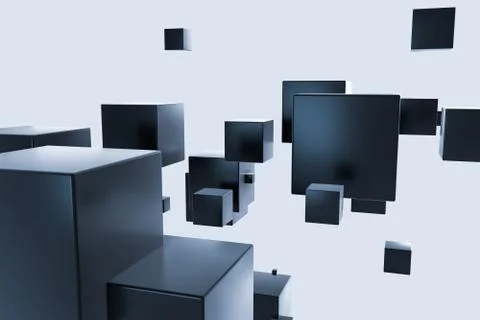 Dark cubes randomly distributed in the air, 3d rendering. Ilustração Stock