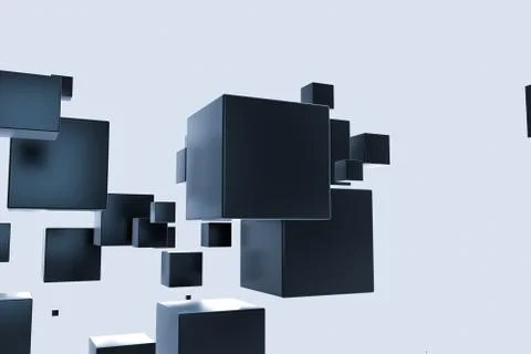 Dark cubes randomly distributed in the air, 3d rendering. Ilustração Stock