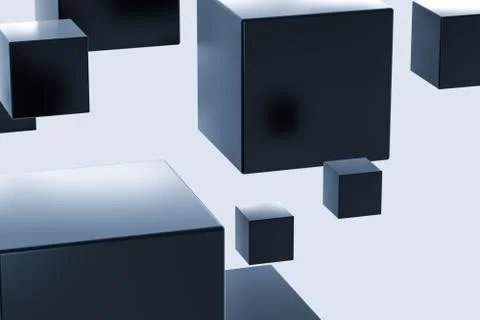 Dark cubes randomly distributed in the air, 3d rendering. Ilustração Stock