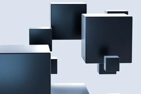 Dark cubes randomly distributed in the air, 3d rendering. Ilustração Stock