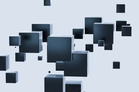 Dark cubes randomly distributed in the air, 3d rendering. Ilustração Stock