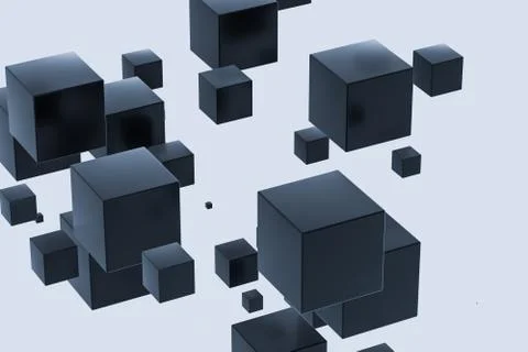 Dark cubes randomly distributed in the air, 3d rendering. Ilustração Stock