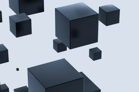 Dark cubes randomly distributed in the air, 3d rendering. Ilustração Stock