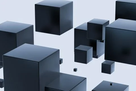 Dark cubes randomly distributed in the air, 3d rendering. Ilustração Stock