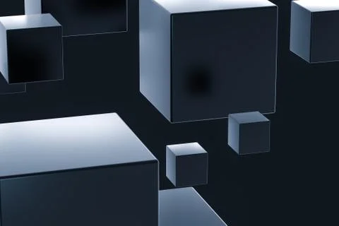 Dark cubes randomly distributed in the air, 3d rendering. Ilustração Stock