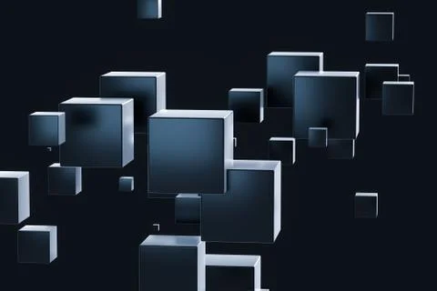 Dark cubes randomly distributed in the air, 3d rendering. Ilustração Stock