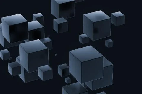 Dark cubes randomly distributed in the air, 3d rendering. Ilustração Stock