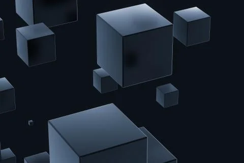 Dark cubes randomly distributed in the air, 3d rendering. Stock Illustration