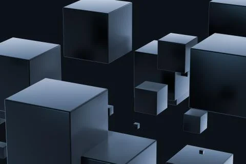 Dark cubes randomly distributed in the air, 3d rendering. Ilustração Stock