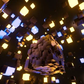 Dark cubes randomly distributed in the air, 3d rendering. Ilustração Stock
