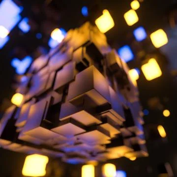 Dark cubes randomly distributed in the air, 3d rendering. Ilustração Stock