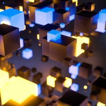 Dark cubes randomly distributed in the air, 3d rendering. Ilustração Stock