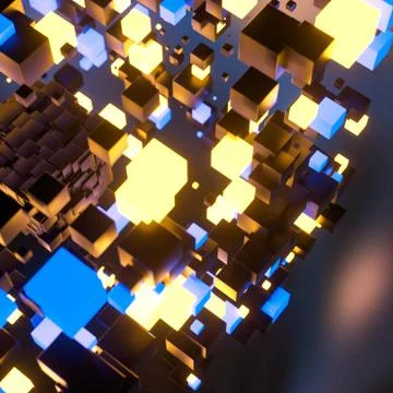 Dark cubes randomly distributed in the air, 3d rendering. Ilustração Stock