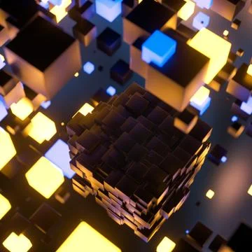 Dark cubes randomly distributed in the air, 3d rendering. Ilustração Stock