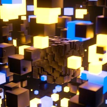 Dark cubes randomly distributed in the air, 3d rendering. Ilustração Stock