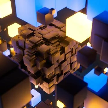 Dark cubes randomly distributed in the air, 3d rendering. Ilustração Stock