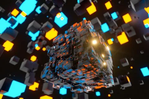 Dark cubes randomly distributed in the air, 3d rendering. Ilustração Stock