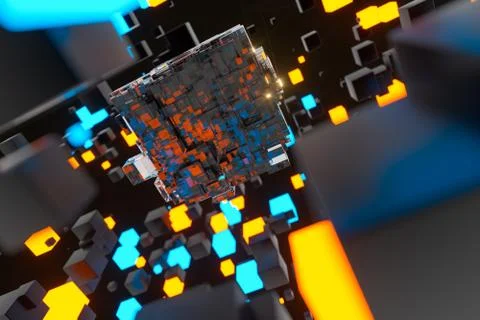 Dark cubes randomly distributed in the air, 3d rendering. Ilustração Stock