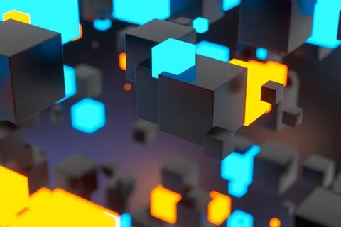 Dark cubes randomly distributed in the air, 3d rendering. Ilustração Stock