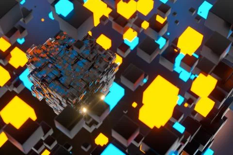 Dark cubes randomly distributed in the air, 3d rendering. Ilustração Stock