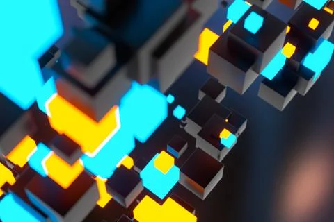 Dark cubes randomly distributed in the air, 3d rendering. Ilustração Stock