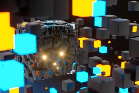 Dark cubes randomly distributed in the air, 3d rendering. Ilustração Stock