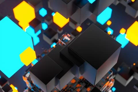 Dark cubes randomly distributed in the air, 3d rendering. Ilustração Stock