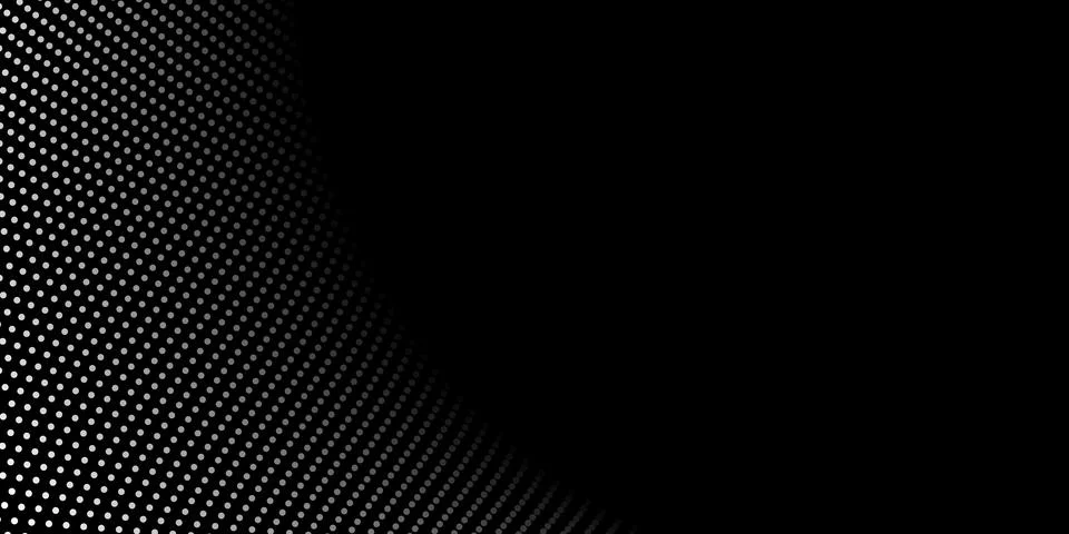Dark curved wavy halftone pattern in white on the left over black backgroun.. Illustrazione stock