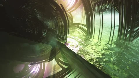 Dark curves and rays of light, rippled green water surface. 3D fractals. Stock-Footage 130186778