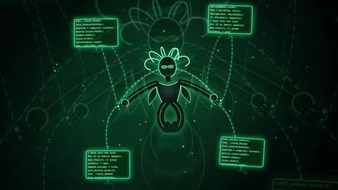 Dark Cyberpunk Background with Neon Robot Marionette and Floating Code Screens 動画素材 341456652