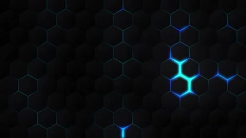 Dark cybersecurity hexagonal grid with cyan glowing glitches. Abstract tech Stock Footage 332814048
