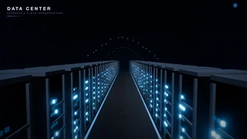Dark data center cold aisle flythrough animation Stock Footage 339334496