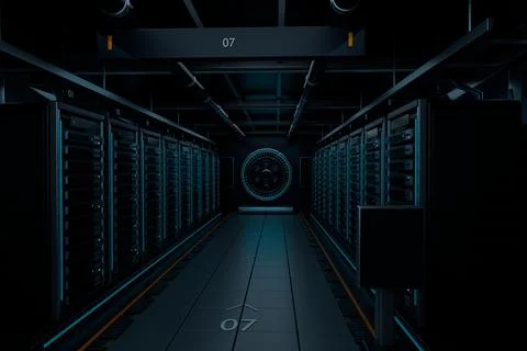 Dark data center with dim blue illumination, 3D render Stock Photos