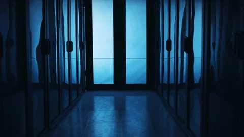 In dark data center, group of spy kids sneaking into server room. Skillful kids Stock Footage 120697608