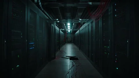 Dark data center hallway with blinking servers Vídeos de archivo 335492642