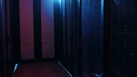 In dark data center, security alarm and error red lights flashing. Two military Stock Footage 121270655
