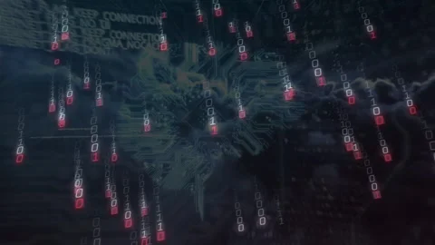 Dark data cloud opening, binary columns falling, core circuit motif clarifying Stock Footage 335211666