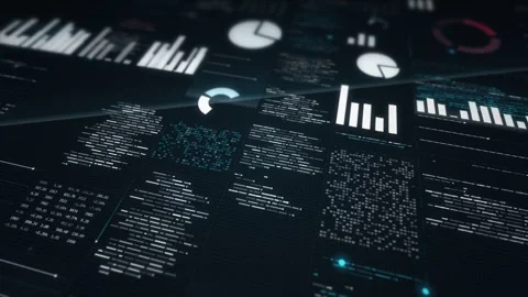 Dark Data Interface Sheet With Code Columns And Charts Drifting Under A Raking Video stock 343626447