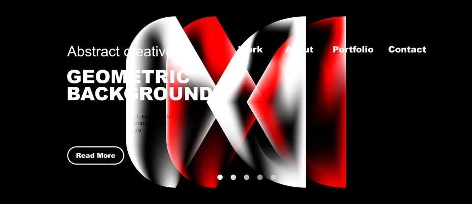 Dark design features abstract red shapes, white text, navigation menu. Stock Illustration