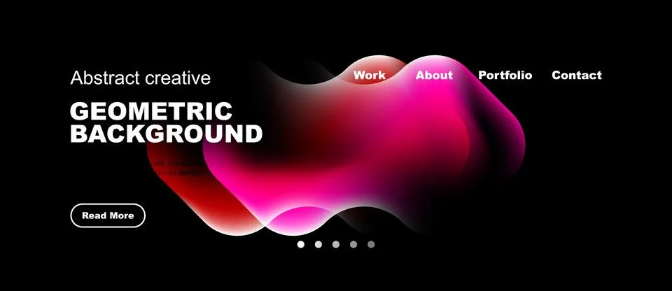 Dark design features vibrant abstract shapes, text elements, navigation menu. Illustrazione stock