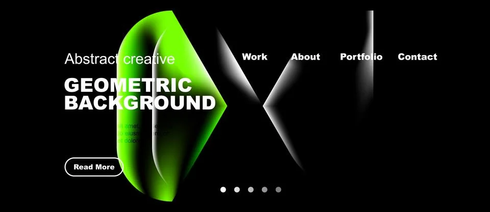 Dark design features vibrant green abstract shapes, text elements, navigation Stock Illustration