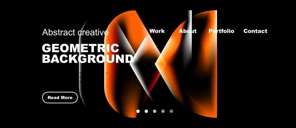 Dark design features vibrant orange geometric shapes, text overlays, navigati Stock Illustration