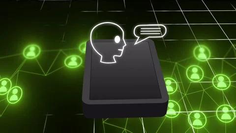 Dark device showing head appearing, speech bubble filling, AI brain replacing 스톡 동영상 335652089