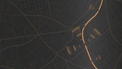 Dark digital city map with glowing route and wireless signal arcs Stock-Illustration