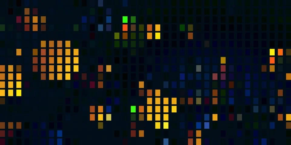 Dark Digital City Pixel Grid Background with Glowing Blue Green Lights Stock Illustration