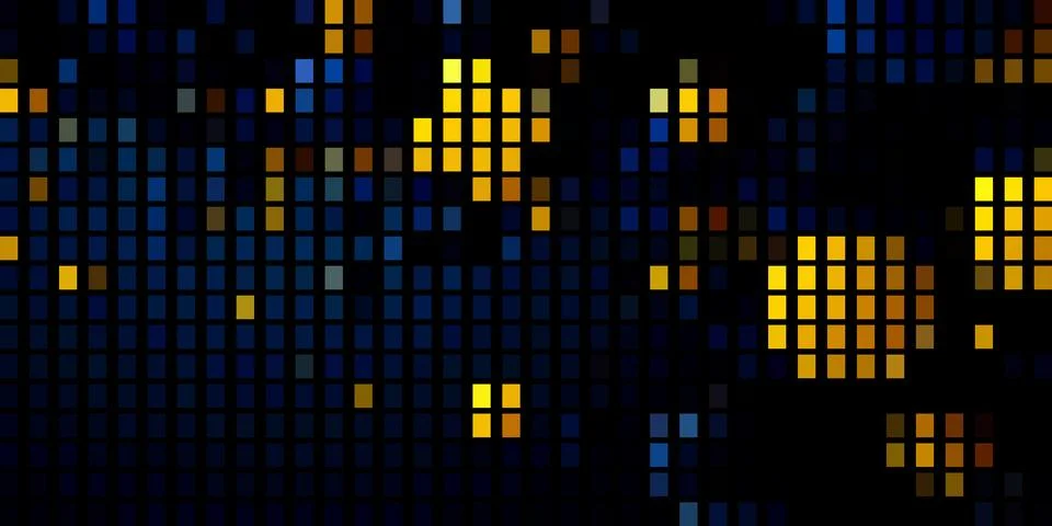 Dark Digital City Pixel Grid Background with Warm Yellow Orange Glow Stock Illustration