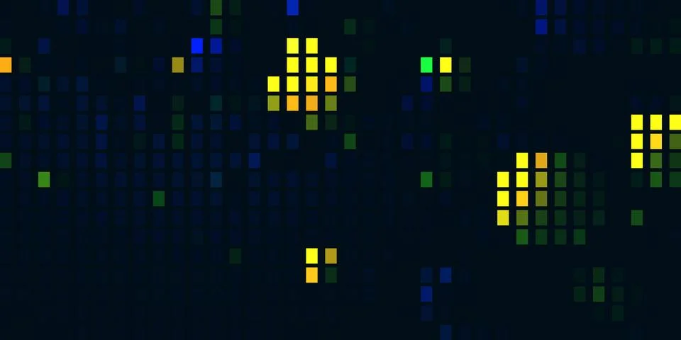 Dark Digital City Pixel Grid Background with Yellow Green Neon Glow Stock Illustration