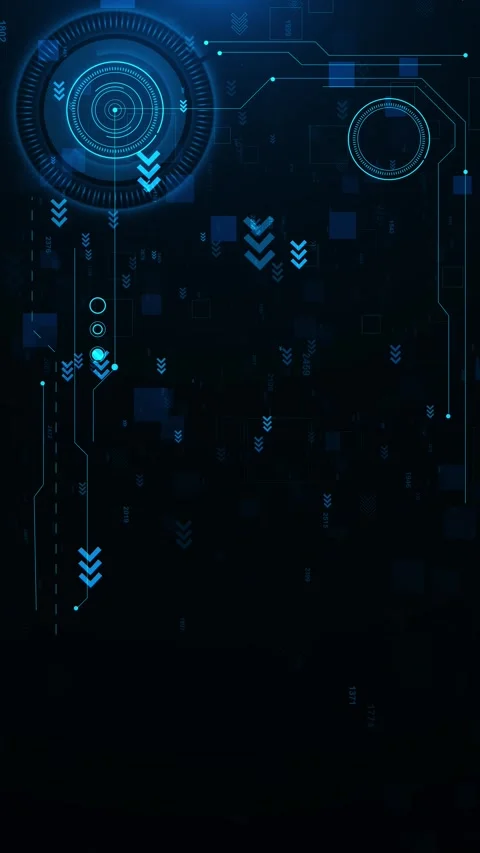 Dark digital control screen visual radar rings, arrow markers, numeric elements, Stock Footage 340409435