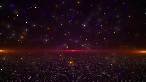 Dark digital grid horizon floating white, purple, and golden particles, soft lig Stock Footage 340456592